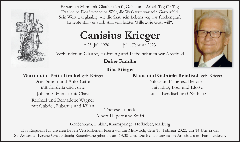  Traueranzeige für Canisius Krieger vom 14.02.2023 aus FZ