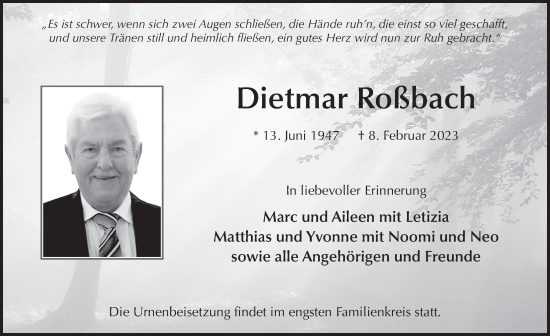 Traueranzeige von Dietmar Roßbach von FZ