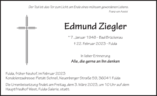 Traueranzeige von Edmund Ziegler von FZ