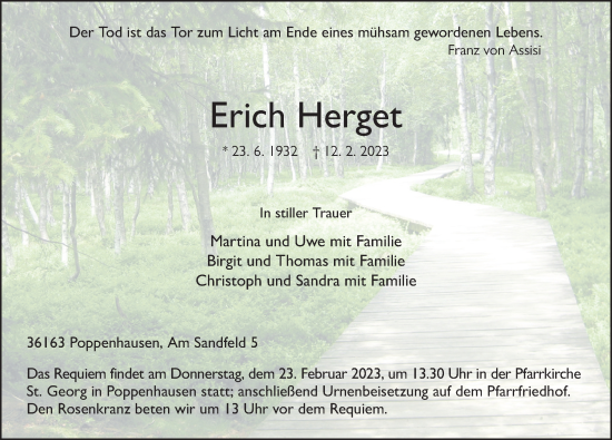 Traueranzeige von Erich Herget von FZ