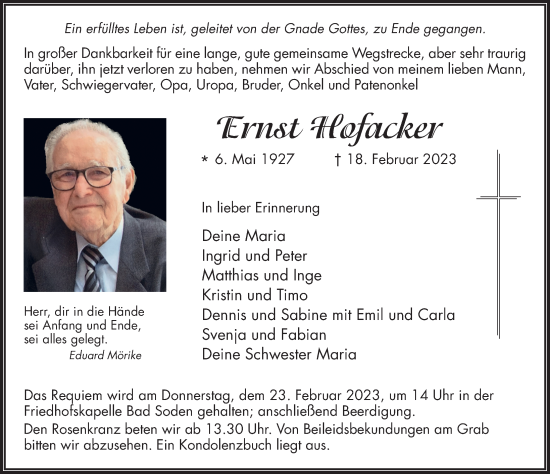 Traueranzeige von Ernst Hofacker von FZ