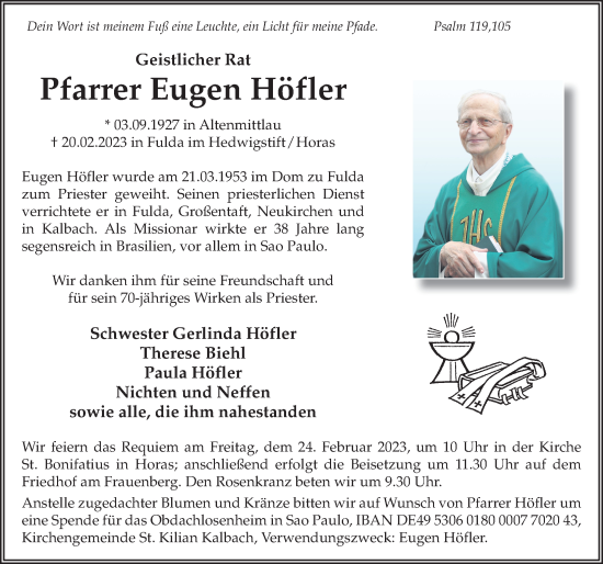 Traueranzeige von Eugen Höfler von FZ