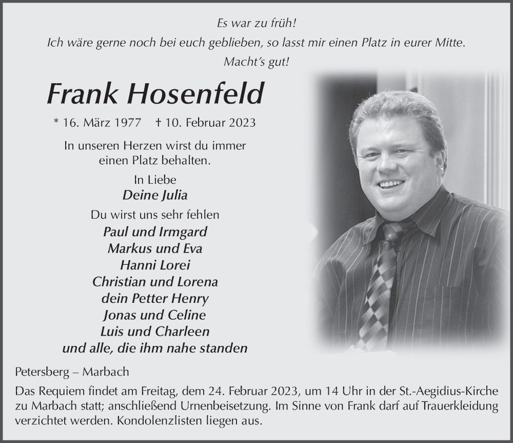  Traueranzeige für Frank Hosenfeld vom 18.02.2023 aus FZ
