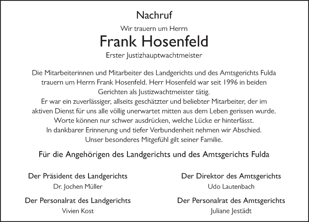  Traueranzeige für Frank Hosenfeld vom 18.02.2023 aus FZ