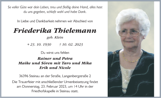 Traueranzeige von Friederika Thielemann von FZ