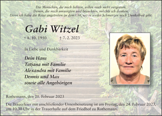Traueranzeige von Gabi Witzel von FZ