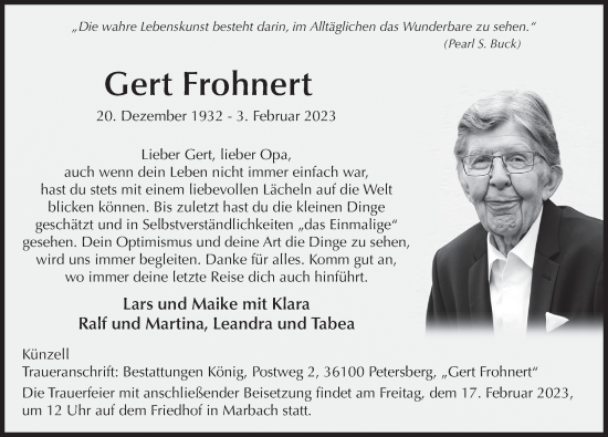 Traueranzeige von Gert Frohnert von FZ