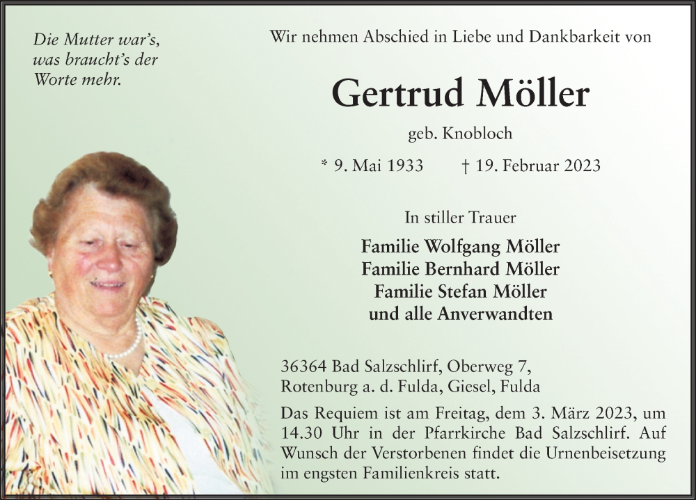  Traueranzeige für Gertrud Möller vom 28.02.2023 aus FZ
