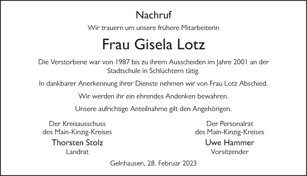  Traueranzeige für Gisela Lotz vom 28.02.2023 aus FZ