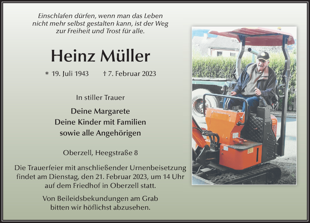  Traueranzeige für Heinz Müller vom 16.02.2023 aus FZ