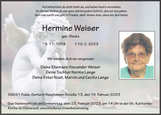 Traueranzeige von Hermine Weiser von FZ