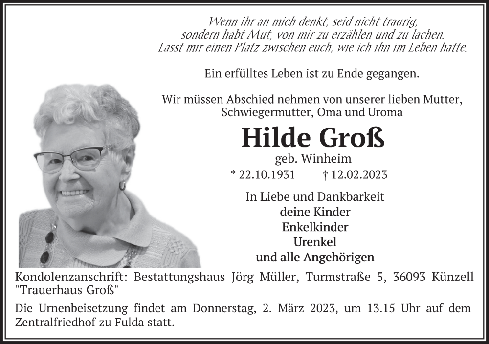  Traueranzeige für Hilde Groß vom 24.02.2023 aus FZ
