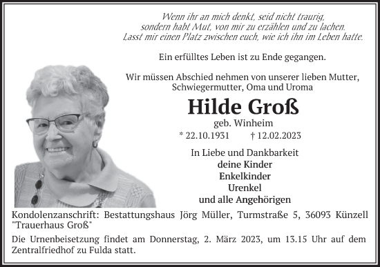 Traueranzeige von Hilde Groß von FZ