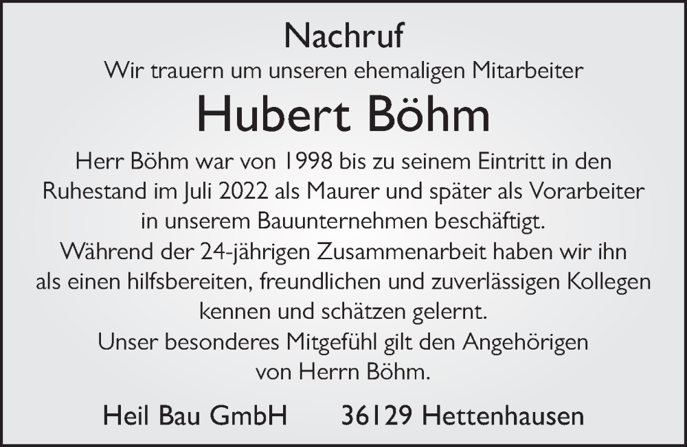  Traueranzeige für Hubert Böhm vom 17.02.2023 aus FZ
