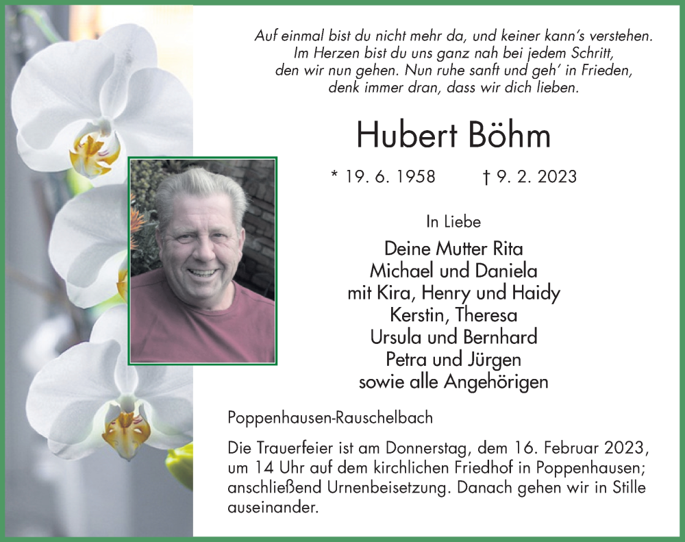  Traueranzeige für Hubert Böhm vom 14.02.2023 aus FZ