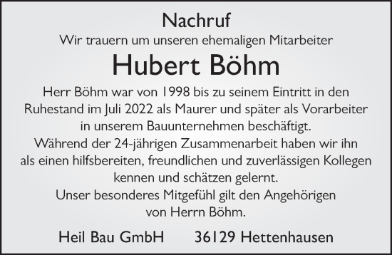 Traueranzeige von Hubert Böhm von FZ