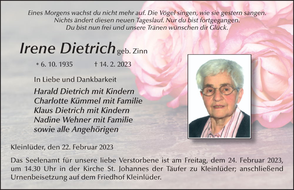  Traueranzeige für Irene Dietrich vom 22.02.2023 aus FZ