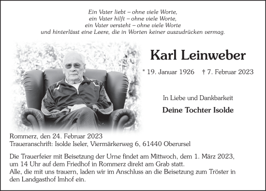 Traueranzeige von Karl Leinweber von FZ
