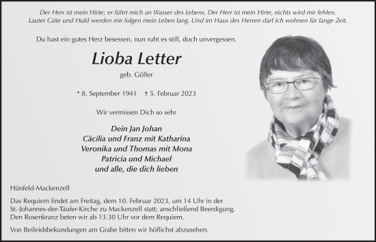 Traueranzeige von Lioba Letter von FZ