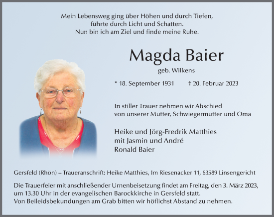 Traueranzeige von Magda Baier von FZ