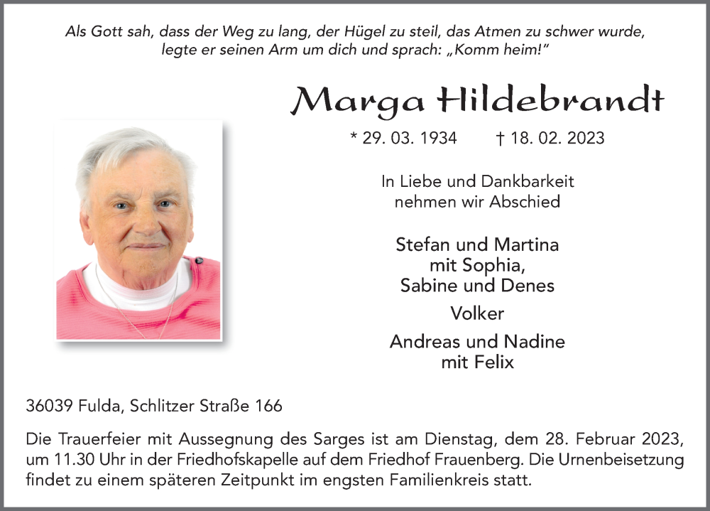  Traueranzeige für Marga Hildebrandt vom 23.02.2023 aus FZ