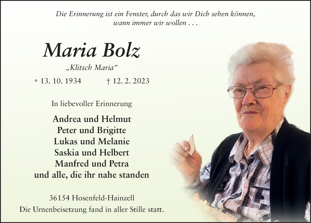  Traueranzeige für Maria Bolz vom 18.02.2023 aus FZ
