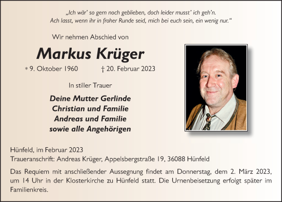 Traueranzeige von Markus Krüger von FZ