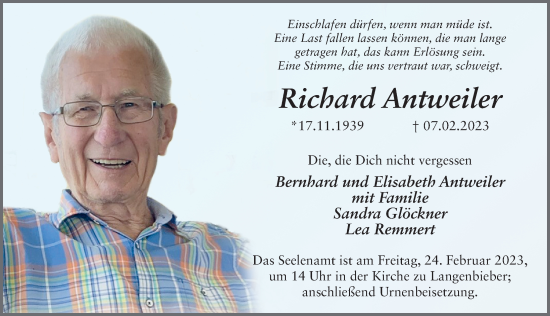 Traueranzeige von Richard Antweiler von FZ