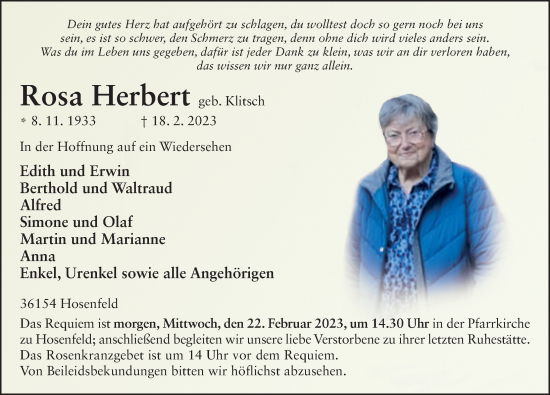 Traueranzeige von Rosa Herbert von FZ