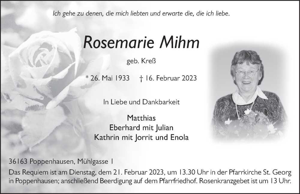  Traueranzeige für Rosemarie Mihm vom 18.02.2023 aus FZ