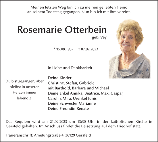 Traueranzeige von Rosemarie Otterbein von FZ