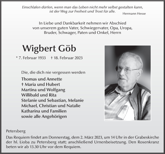 Traueranzeige von Wigbert Göb von FZ