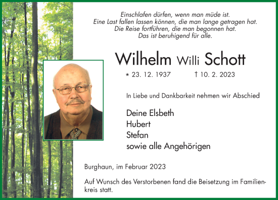 Traueranzeige von Wilhelm Schott von FZ