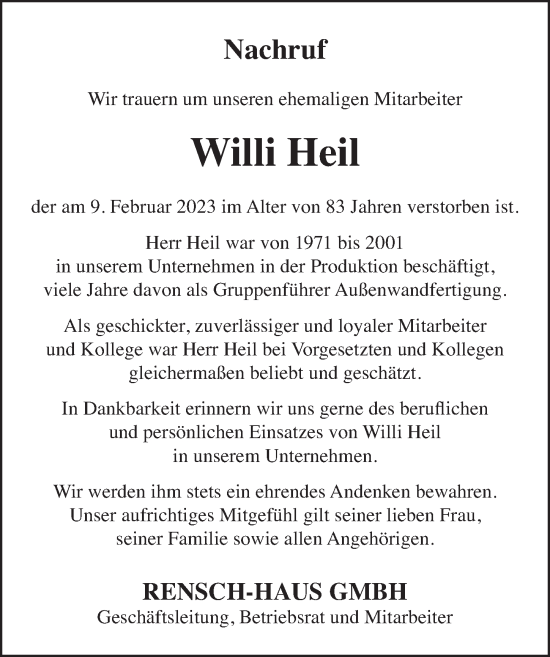 Traueranzeige von Willi Heil von FZ