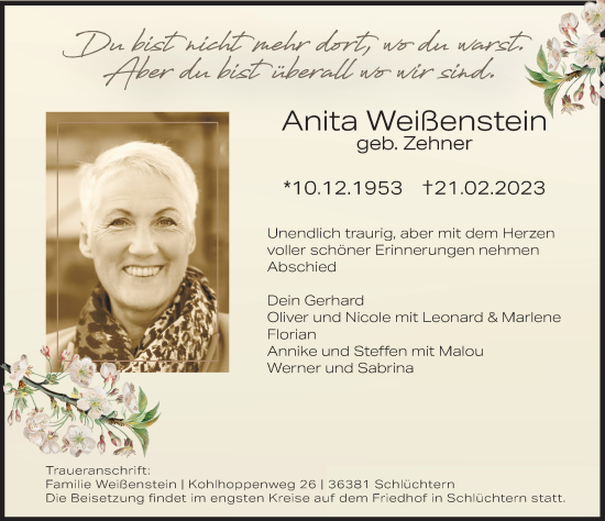 Traueranzeige von Anita Weißenstein von FZ