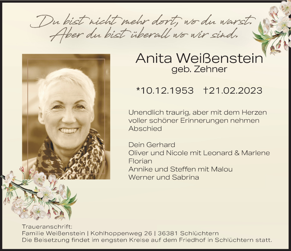  Traueranzeige für Anita Weißenstein vom 09.03.2023 aus FZ