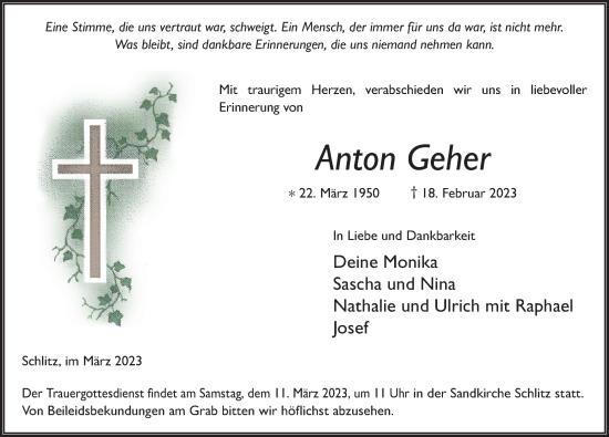 Traueranzeige von Anton Geher von FZ