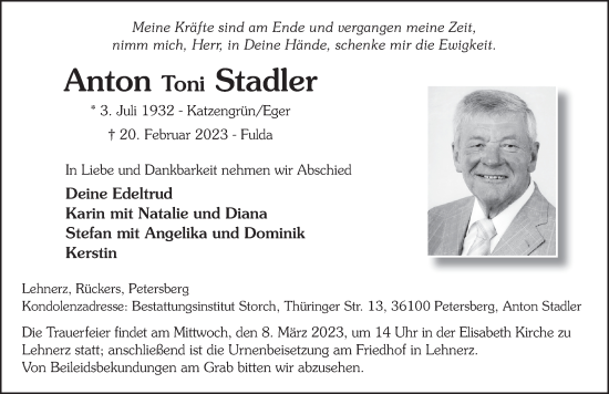 Traueranzeige von Anton Stadler von FZ