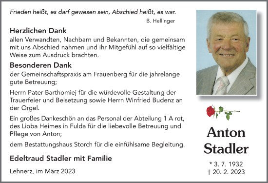 Traueranzeige von Anton Stadler von FZ
