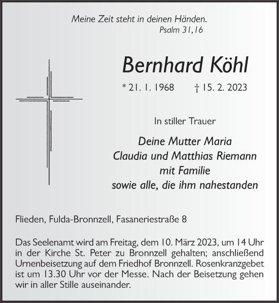 Traueranzeige von Bernhard Köhl von FZ