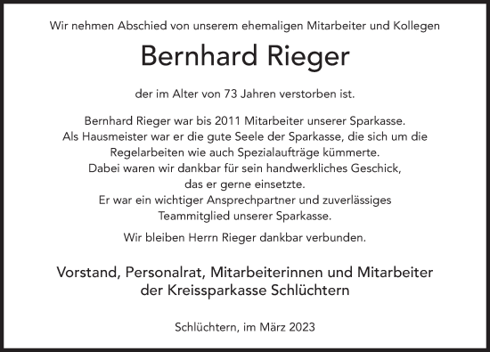 Traueranzeige von Bernhard Rieger von FZ