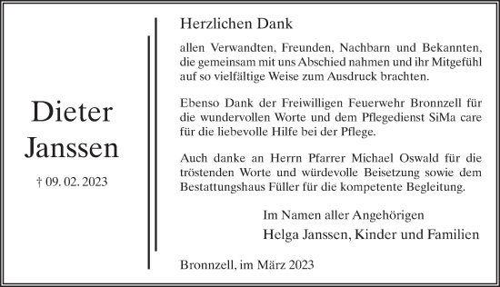 Traueranzeige von Dieter Janssen von FZ