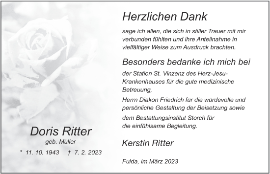 Traueranzeige von Doris Ritter von FZ