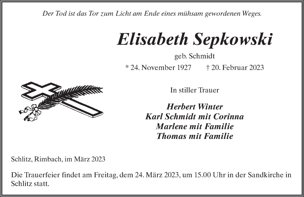  Traueranzeige für Elisabeth Sepkowski vom 21.03.2023 aus FZ