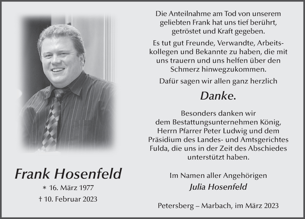  Traueranzeige für Frank Hosenfeld vom 25.03.2023 aus FZ