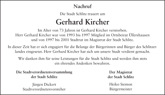 Traueranzeige von Gerhard Kircher von FZ