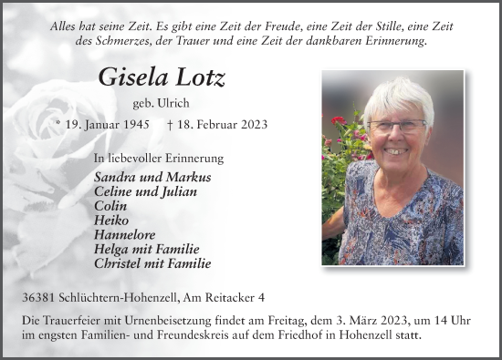 Traueranzeige von Gisela Lotz von FZ