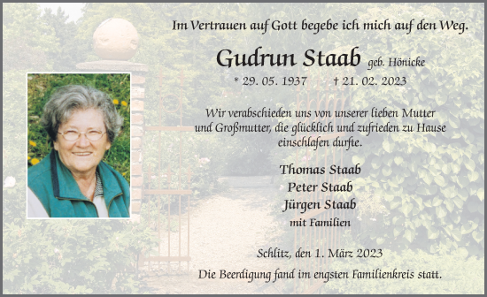 Traueranzeige von Gudrun Staab von FZ