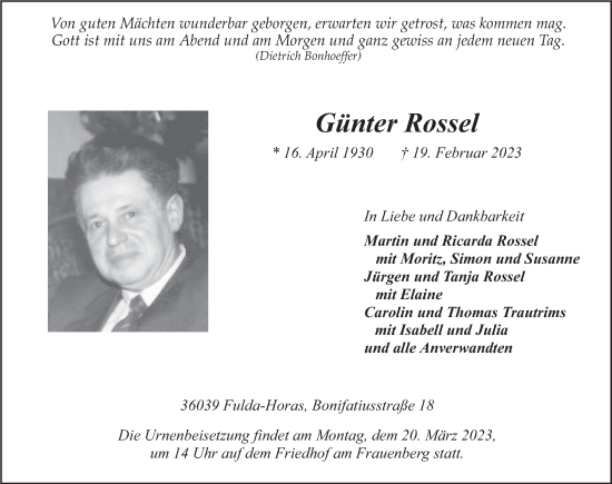 Traueranzeige von Günter Rossel von FZ