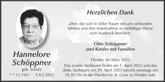 Traueranzeige von Hannelore Schöppner von FZ
